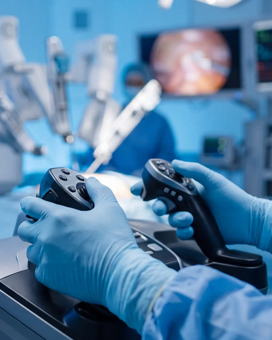 Imagem ilustrativa: cirurgião no console de cirurgia robótica